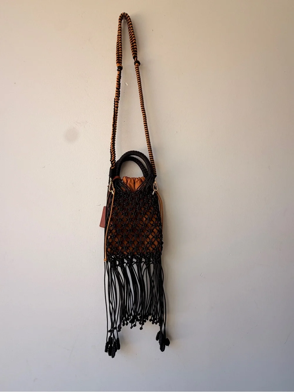 Poppy Lissiman Braided Fringe Crossbody Bag - Black and Brown